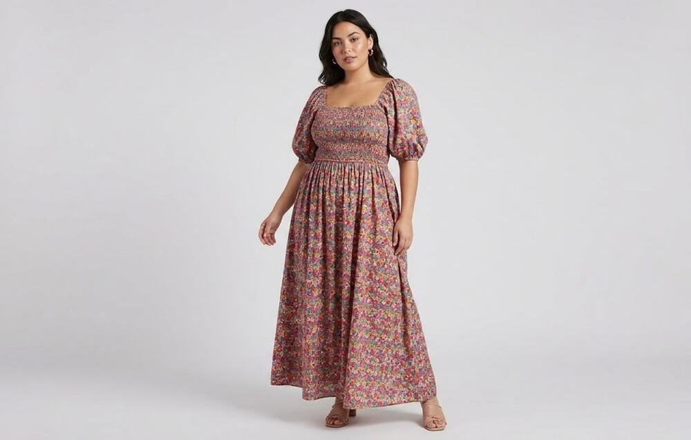 LEA Women 2XL Multi Floral Cotton Maxi Dress Puff Sleeve Smocked Cottagecore NWT